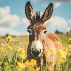 Donkey gazing calmly in summer countryside high resolution picture