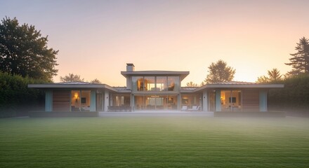Modern House Sunrise Foggy Lawn