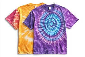 Two vibrant tie-dye t-shirts displaying a captivating spiral pattern are lying on a clean white backdrop