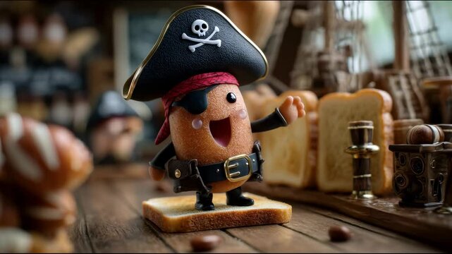 An animated donut pirate figure with an eye patch standing on toast among bread and pastries