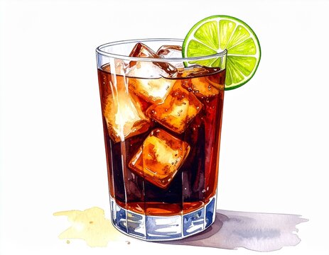 Watercolor rum cola cocktail with lime slice on white background