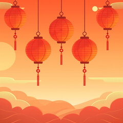 Fototapeta premium Hanging asian red lantern for holiday celebration. Decorative chinese lamp art design. Orange and yellow background for traditional festival.