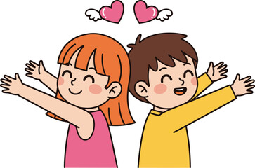 Joyful children illustration, colorful cartoon design, friendship and love concept, playful happy kids artwork, hearts with wings, vibrant drawing style