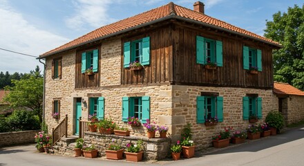 Fototapeta premium Charming European house with vibrant shutters