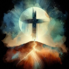 Holy Anglican cross at sunset on hill. AI generated illustration