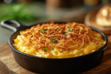 Cheesy spatzle topped with golden crispy onions in rustic kitchen setting