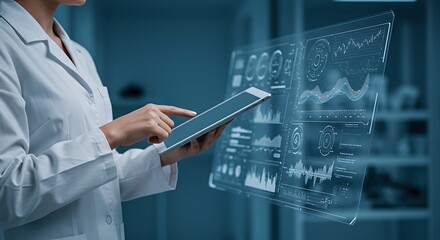 Female Scientist Analyzing Data On Digital Screen With Tablet