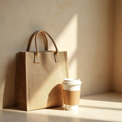 Stylish Beige Tote Bag with Coffee Cup in a Minimalist Setting