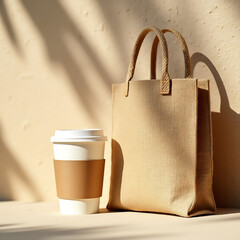Stylish Beige Tote Bag with Coffee Cup in a Minimalist Setting
