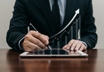 Businessman Writing On Tablet With Financial Growth Graph In Background