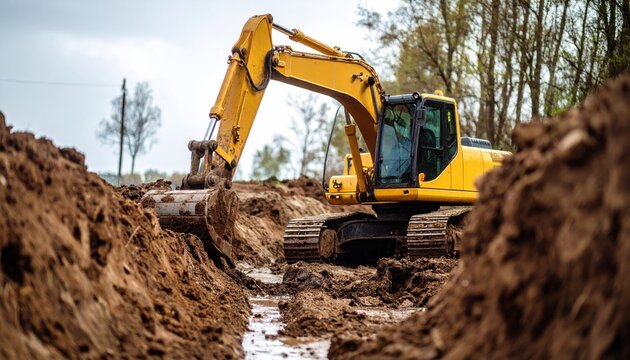 Excavator digging a trench in the earth