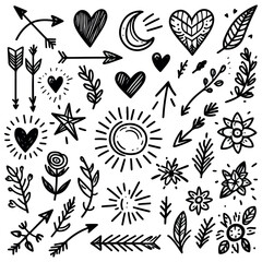 Hand drawn love and hearts doodles, vector illustration.