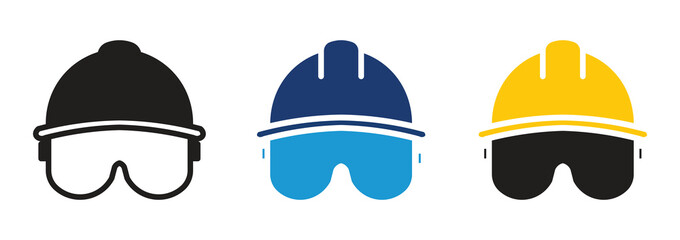 Protection glasses and hardhat icon. Safety first symbol. Worker, builder, helmet, manufacture, engineer, personal protect. Outline, flat and colored style. Flat design. Vector illustration.