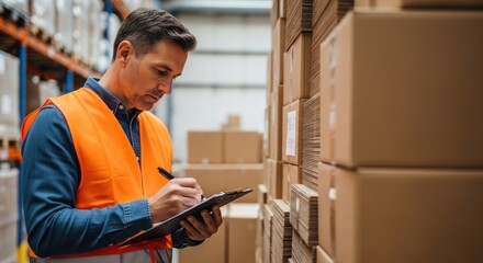A man in an orange safety vest standing in a warehouse, writing on a clipboard.