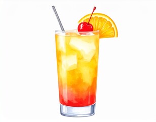 Watercolor tropical cocktail with cherry and orange on white background