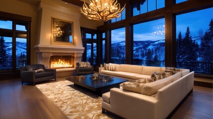 Cozy mountain lodge living room with fireplace, large windows, and snowy landscape outside
