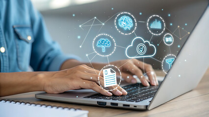 A woman is typing on a laptop, with digital icons representing artificial intelligence, cloud computing, and data analysis