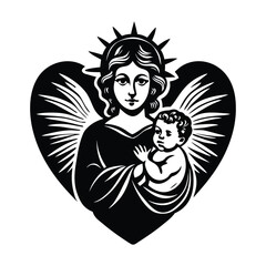 Angel with Child Heart Artwork Religious Black and White Graphic