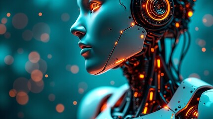 Close-up of a futuristic robot's upper body showing glowing orange circuits and detailed mechanical neck against a blurred blue background