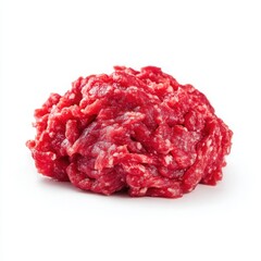 Obraz premium Fresh Raw Ground Beef Isolated on White Background, Close-Up of Minced Meat for Cooking, Ingredient for Burgers, Meatballs, Bolognese Sauce, Healthy