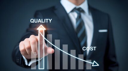 Businessman demonstrates rising quality while lowering costs with a graphical representation and upward trending arrow.