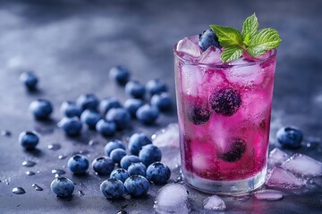 Frozen blueberry soda in glass on white stone, crisp lighting and contrast