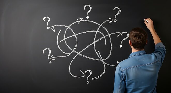 Man Thinking In Front Of Chalkboard With Question Marks And Arrows