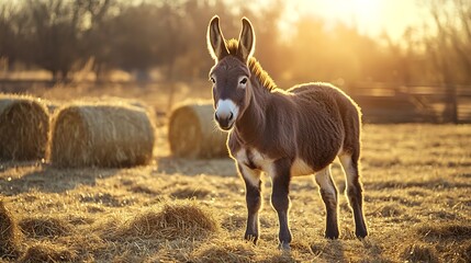 Donkey in rustic field with hay background high resolution picture