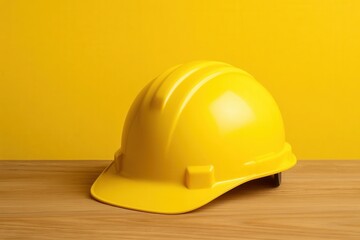 Fototapeta premium A Yellow Hard Hat on Wooden Surface Against a Bright Yellow Background