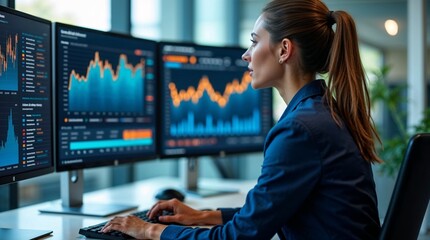 Woman in business attire working at a desk with three monitors displaying stock market charts and financial data, illustrating trading and investment