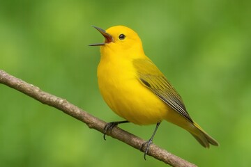 Fototapeta premium A vibrant yellow bird with a bright beak is perched on a branch, singing into the air