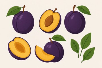 A vibrant display of plums in various stages of ripeness, from whole to halved, accompanied by fresh green leaves