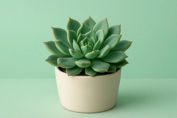 A succulent plant thrives in a minimalist setting, its vibrant green leaves standing out against a soothing mint-green backdrop