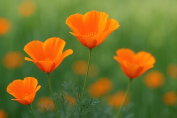 Fototapeta premium A serene field of vibrant orange Californias blooms under a soft, green backdrop, creating a tranquil and picturesque scene