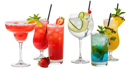 Refreshing summer cocktails with vibrant colors and fresh fruits cutout isolated on transparent bg, png