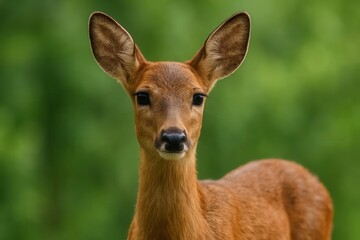 A young deer gazes into the camera with a serene expression, set against a soft green backdrop