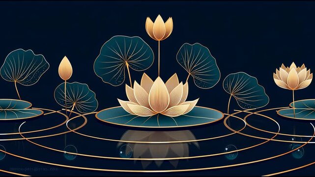 abstract dark background with golden lotus flowers in the style of Chinese