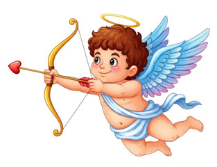 Obraz premium Cute angel with curly hair shooting a heart arrow, cutout isolated on transparent bg, png
