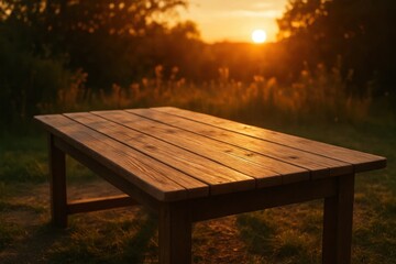 Naklejka premium Embracing tranquility, this wooden table stands as a silent observer amidst nature's canvas of sunset hues
