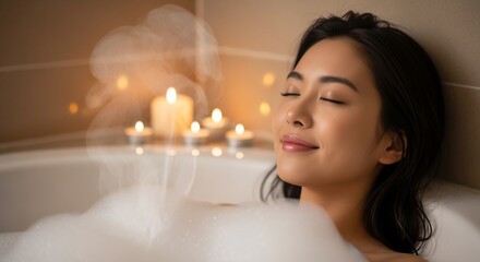 Serene Woman Relaxing in a Bubble Bath with Candles