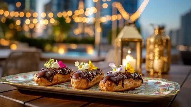 Beautifully presented eclairs with chocolate glaze and artistic toppings in a restaurant.
