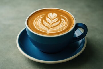 An exquisite latte art masterpiece in a blue ceramic cup, poised on a white saucer against a subtle gray backdrop