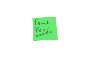 messaggio "thank you" su un biglietto in carta verde quadrato isolato su sfondo bianco o trasparente