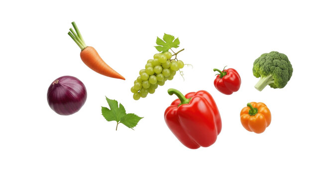 Fresh assorted vegetables and fruits including grapes, bell peppers, and carrots cutout isolated on transparent bg, png - Powered by Adobe