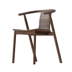Back perspective view of a modern dark wood armchair with curved backrest, 3d render, isolated.