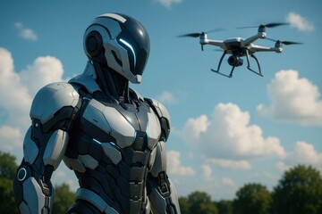 Obraz premium A lone robot stands guard against the vast blue sky, its sleek design reflecting the sunlight as it surveys the serene landscape below