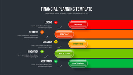 Creative Analysis 5 Step Infographic Frame Template. Market Innovation Five Element Diagram Slideshow Design. Modern Solution Slide Layout Vector Illustration.
