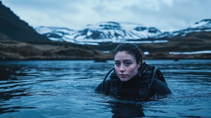 Woman in a diving suit in a cold lake, snowy mountains in background.