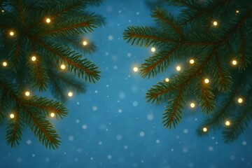 A serene winter night, where snowflakes gently fall on a tranquil forest, illuminated by warm lights that twinkle like stars against the deep blue sky