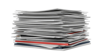 Stacked documents in a messy pile on a surface with varying paper colors, cutout isolated on transparent bg, png